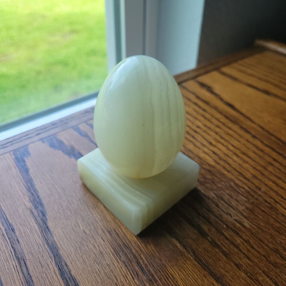 Vtg Yellow Green Stone Alabaster Marble Egg with Matching stand Mid Century READ